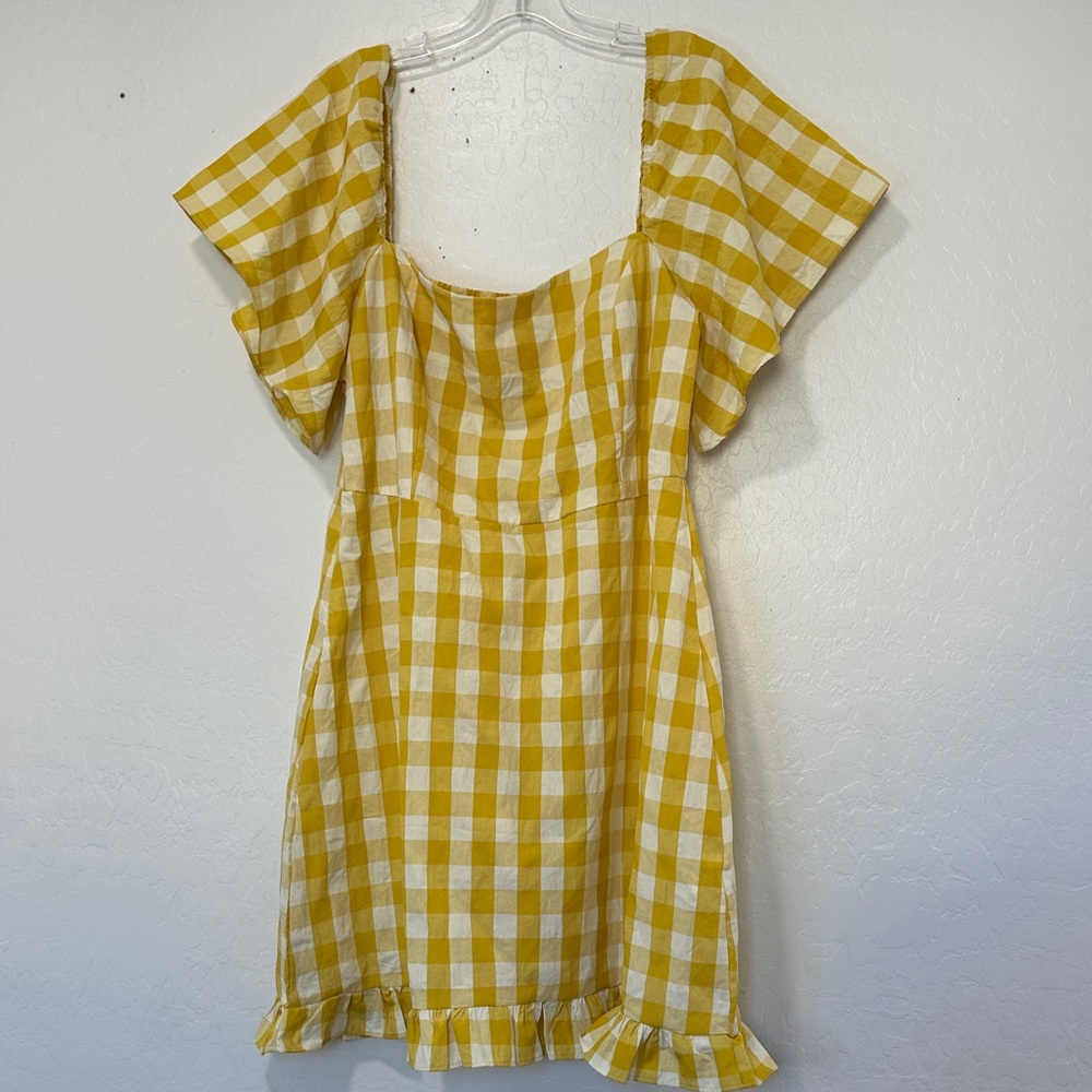 Checkered short sleeve mini Yellow White‎ Gingham Dress plus size Womens 1XL